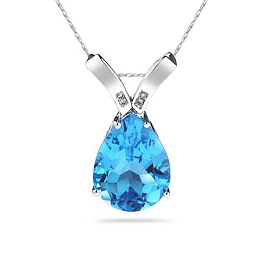 10 1/4 Carat Pear Shaped Blue Topaz & Diamond Pendant In 10K White Gold