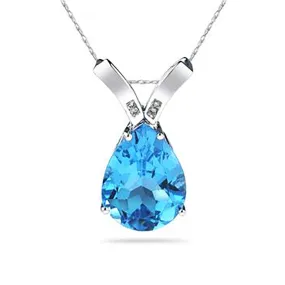 10 1/4 Carat Pear Shaped Blue Topaz & Diamond Pendant In 10K White Gold