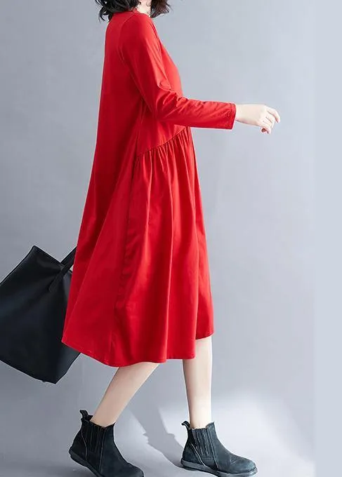 100% Red Wardrobes O Neck Wrinkled Kaftan Spring Dresses