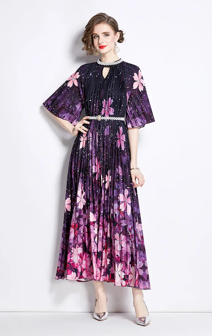 2024 best sale high-end beaded printed pleated pearl button pleated floral dress