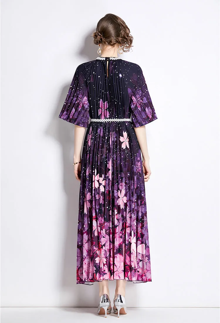 2024 best sale high-end beaded printed pleated pearl button pleated floral dress