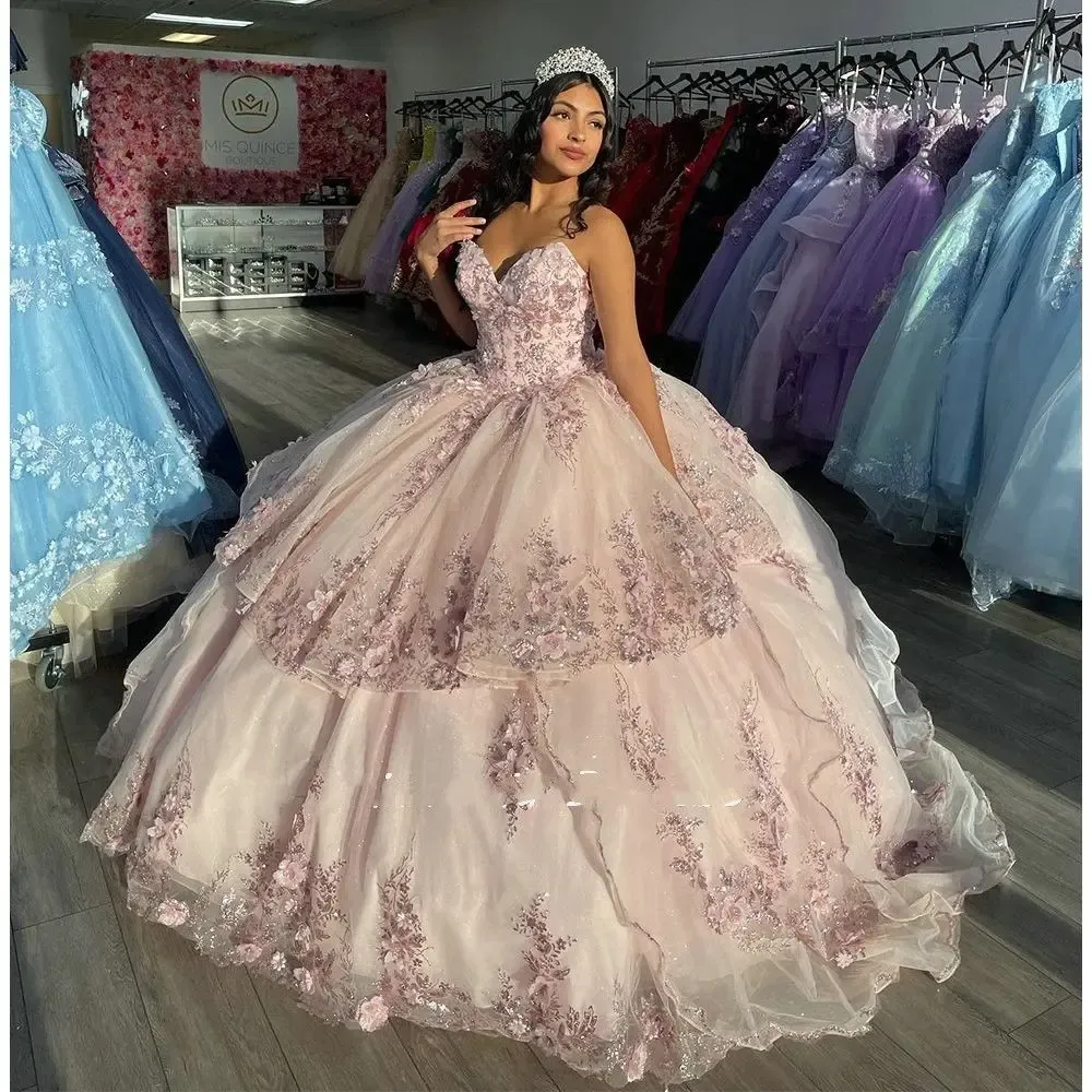 2024 Pink Ball Gown Quinceanera Dress Floral Applique 3D Flower Off the Shoulder Beading Sweet 16 Vestidos De XV Anos