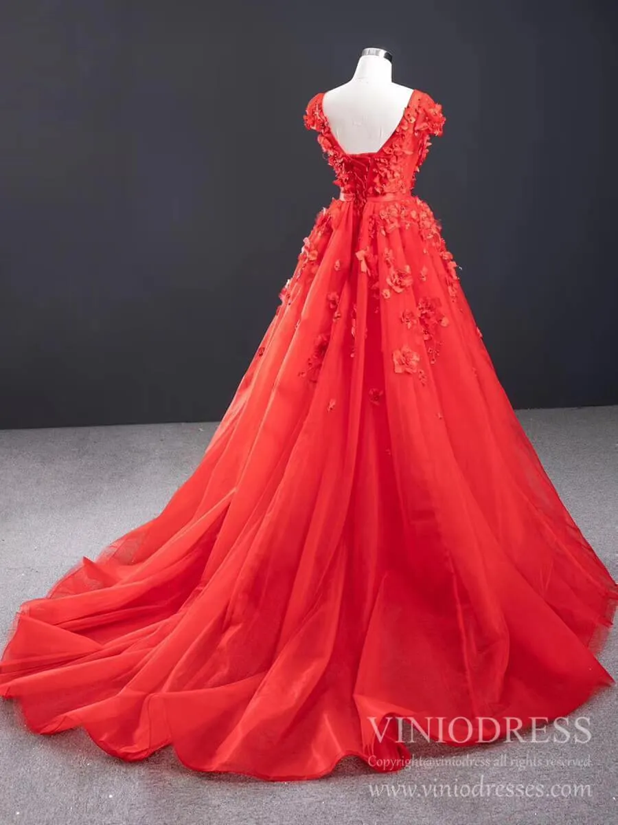 3D Floral Red Long Prom Dresses Detachable Train Mermaid Formal Dress FD2119