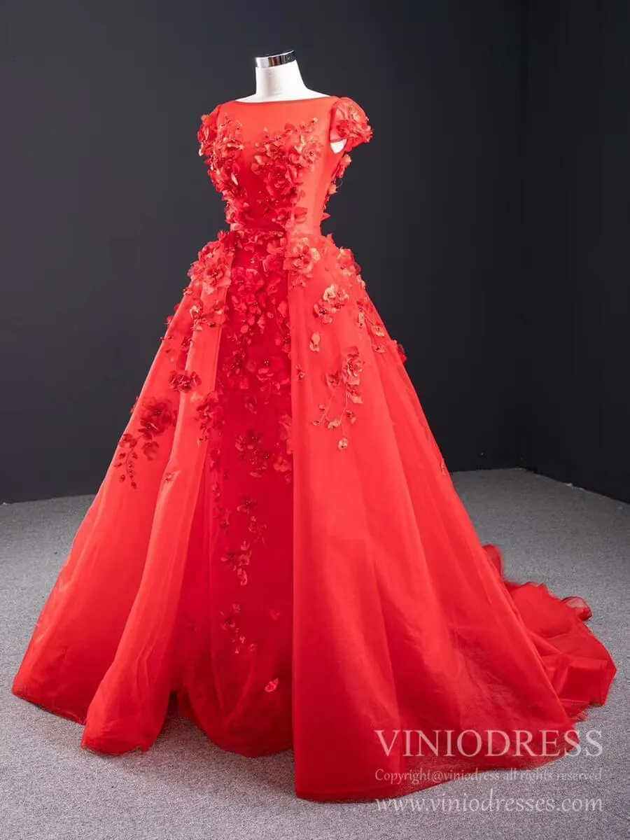 3D Floral Red Long Prom Dresses Detachable Train Mermaid Formal Dress FD2119