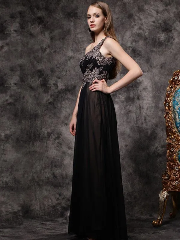 A-line Asymmetric Floor-Length Chiffon Appliqued Rhine Stone Prom Dress 3123