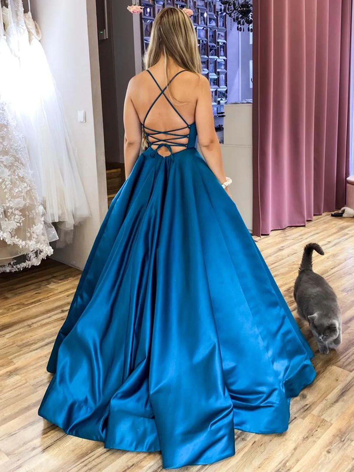 A Line Backless Blue Satin Long Prom Dresses with Belt, Backless Blue Formal Graduation Evening Dresses SP2095