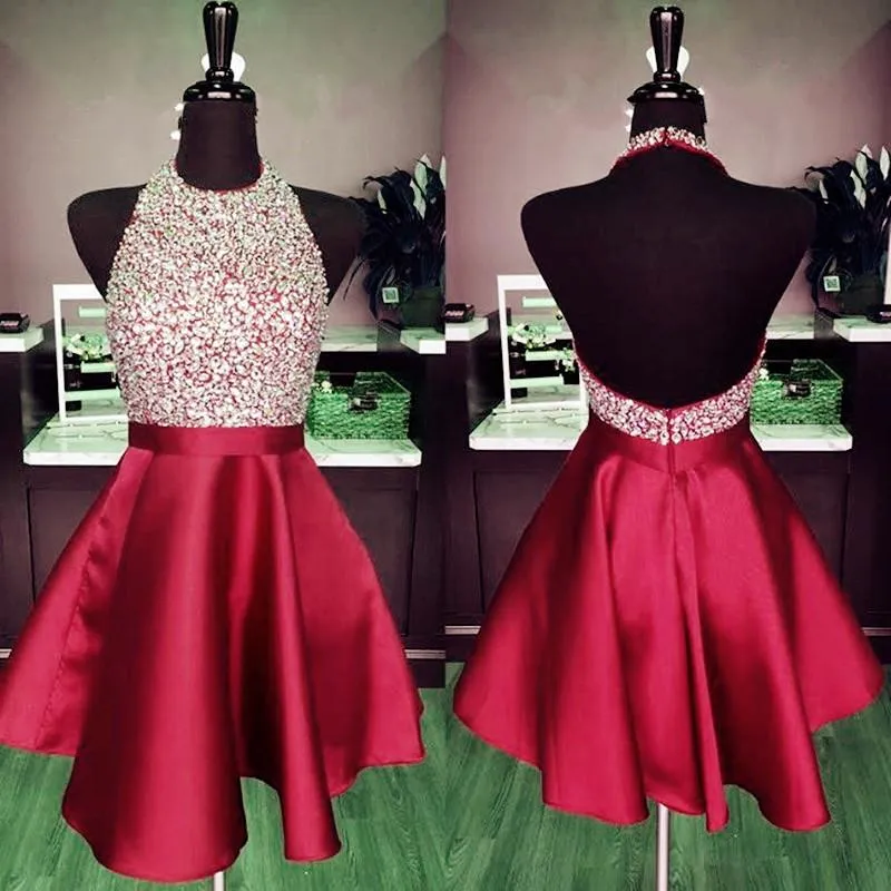 A-line Beaded Halter Satin Prom Dresses Short Open Back Homecoming Dresses