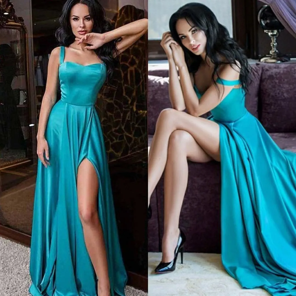 A Line Blue Prom Dresses with High Slit, Blue Satin Long Formal Graduation Evening Dresses