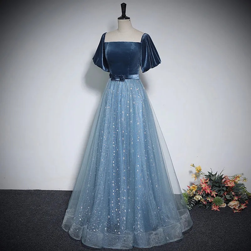 A-Line Blue Tulle Velvet Long Prom Dress, Blue Formal Dress