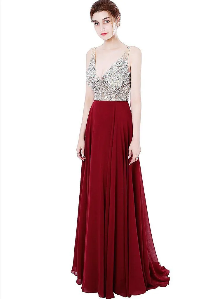 A-line Deep-V  Sweep Train Chiffon Sequined  Red Prom Dresses 3027