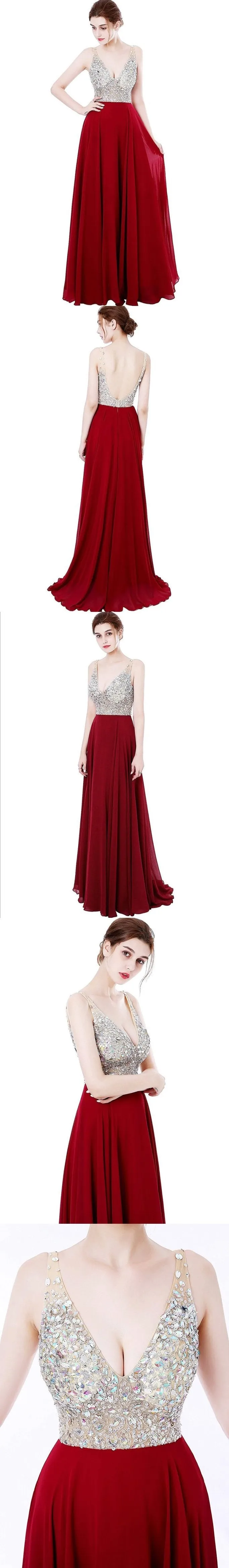 A-line Deep-V  Sweep Train Chiffon Sequined  Red Prom Dresses 3027