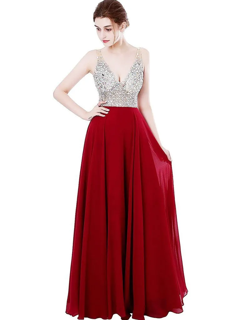 A-line Deep-V  Sweep Train Chiffon Sequined  Red Prom Dresses 3027