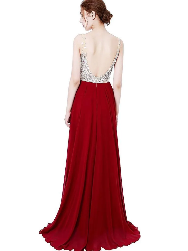 A-line Deep-V  Sweep Train Chiffon Sequined  Red Prom Dresses 3027