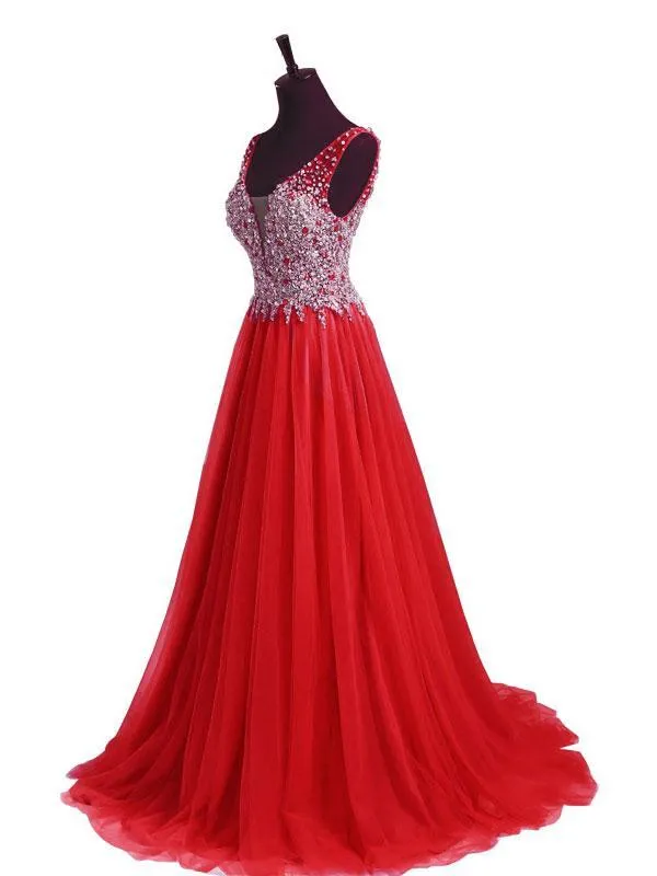 A-line Deep-V Sweep Train Tulle Beaded Sequined Red Prom Dress 3120