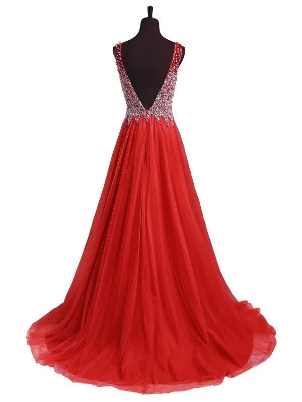 A-line Deep-V Sweep Train Tulle Beaded Sequined Red Prom Dress 3120