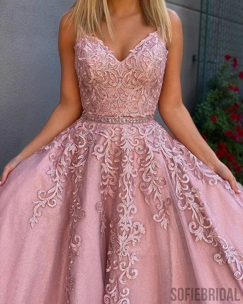 A-line Floor-length Straps Lace Appliques Long Tulle Prom Dresses, PD1044