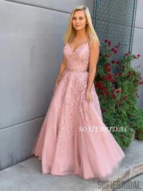 A-line Floor-length Straps Lace Appliques Long Tulle Prom Dresses, PD1044