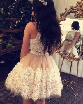 A-line Floral Lace Homecoming Dresses Two Piece Prom Dress Short