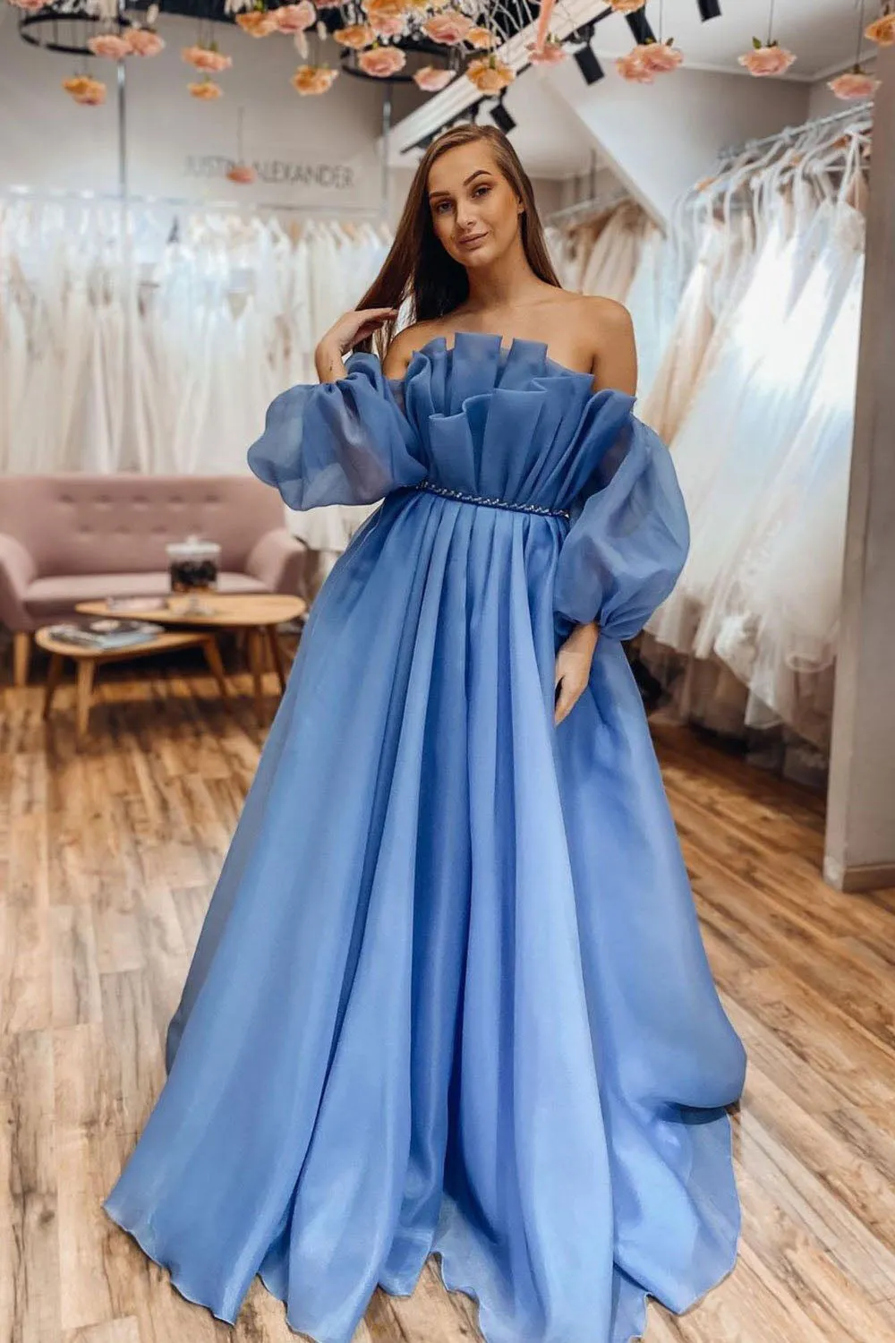 A Line Formal Evening Dresses Blue Organza Long Sleeves Strapless Prom Dresses