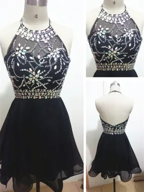 A Line Halter Neck Backless Short Prom Dresses, Black Backless Homecoming Dresses, Short Black Backless Graduation Dress