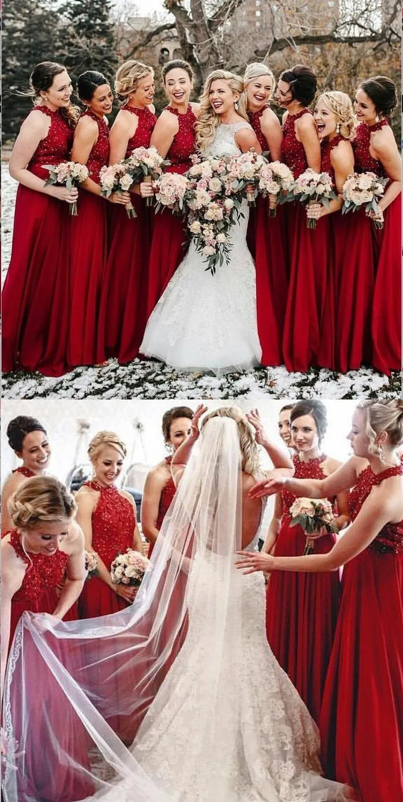 A-Line Halter Red Chiffon Long Bridesmaid Dresses With Lace,BD2025