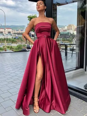 A Line High Slit Burgundy Satin Long Prom Dresses, High Slit Burgundy Satin Long Formal Evening Dresses, Burgundy Long Graduation Dresses