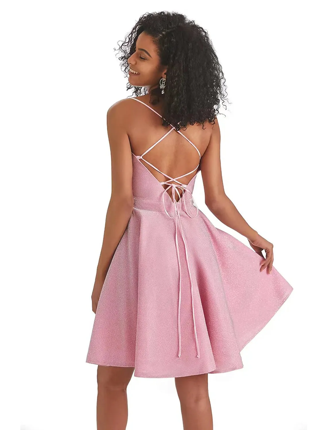 A-Line Homecoming Dresses Backless Dress Graduation Cocktail Party Short / Mini Sleeveless Spaghetti Strap Pink Dress Lurex Fabric with Sequin Strappy