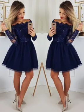 A Line Long Sleeves Lace Navy Blue Short Prom Dresses, Navy Blue Lace Homecoming Dresses