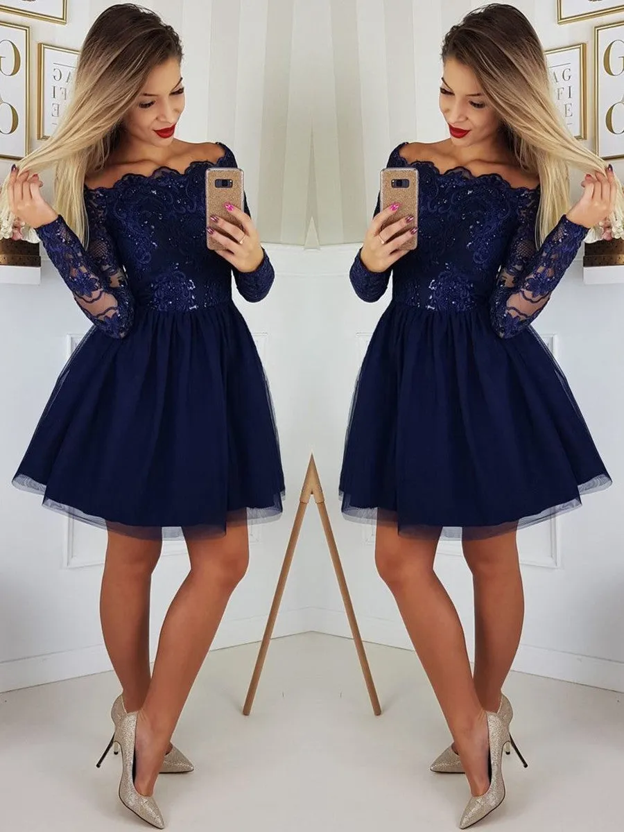 A Line Long Sleeves Lace Navy Blue Short Prom Dresses, Navy Blue Lace Homecoming Dresses