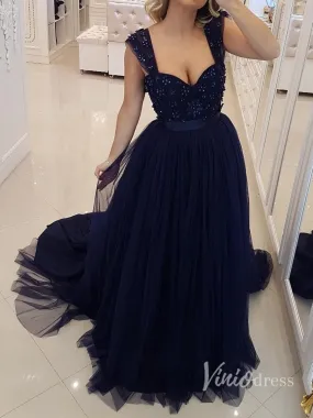 A-line Long Tulle Beaded Prom Dresses Navy Blue Formal Dress FD1320