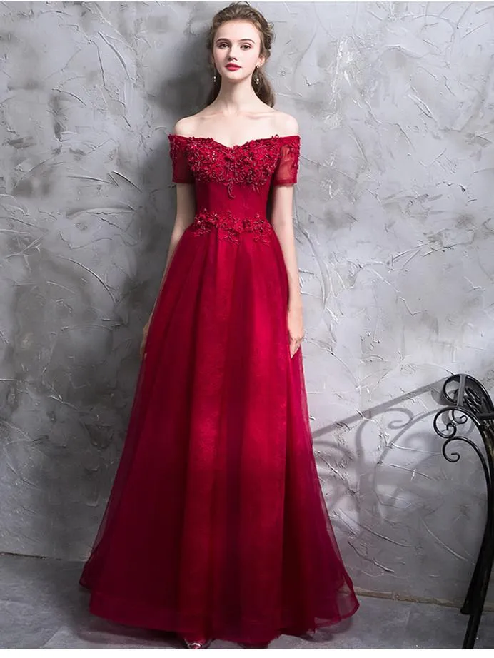 A-line Off-Shoulder Floor-Length Tulle Appliqued Beaded Red Prom Dresses ASD27007