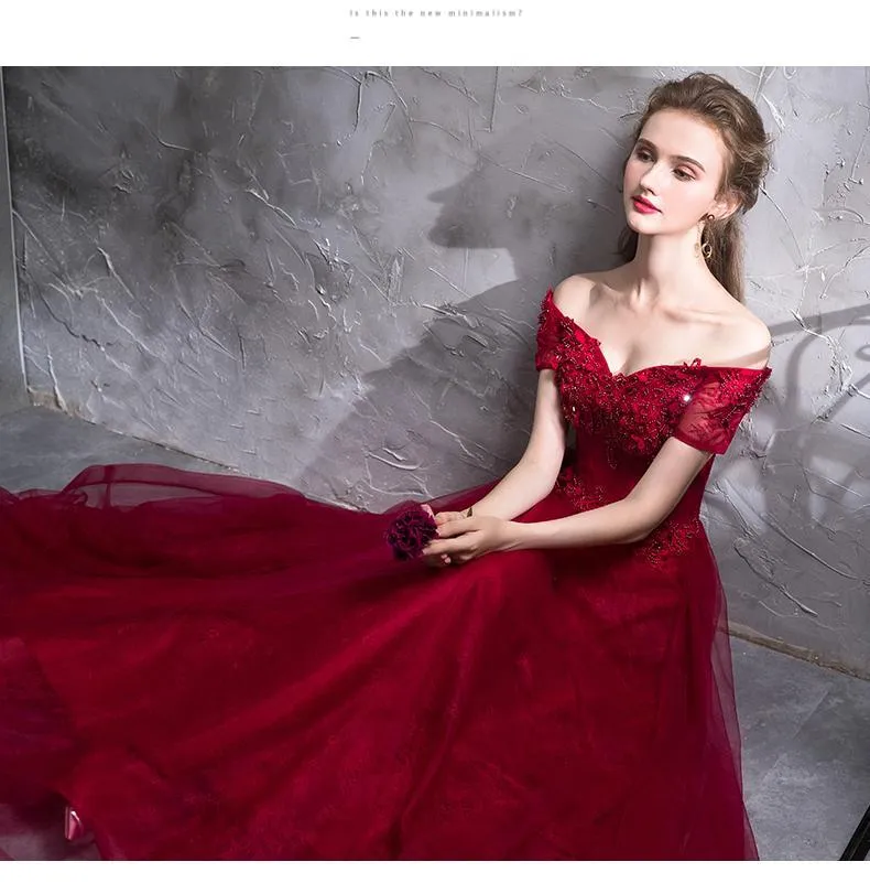 A-line Off-Shoulder Floor-Length Tulle Appliqued Beaded Red Prom Dresses ASD27007