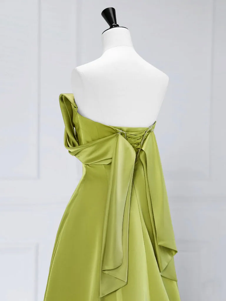 A-Line Off Shoulder Green Satin Long Prom Dress, Green Long Evening Dress