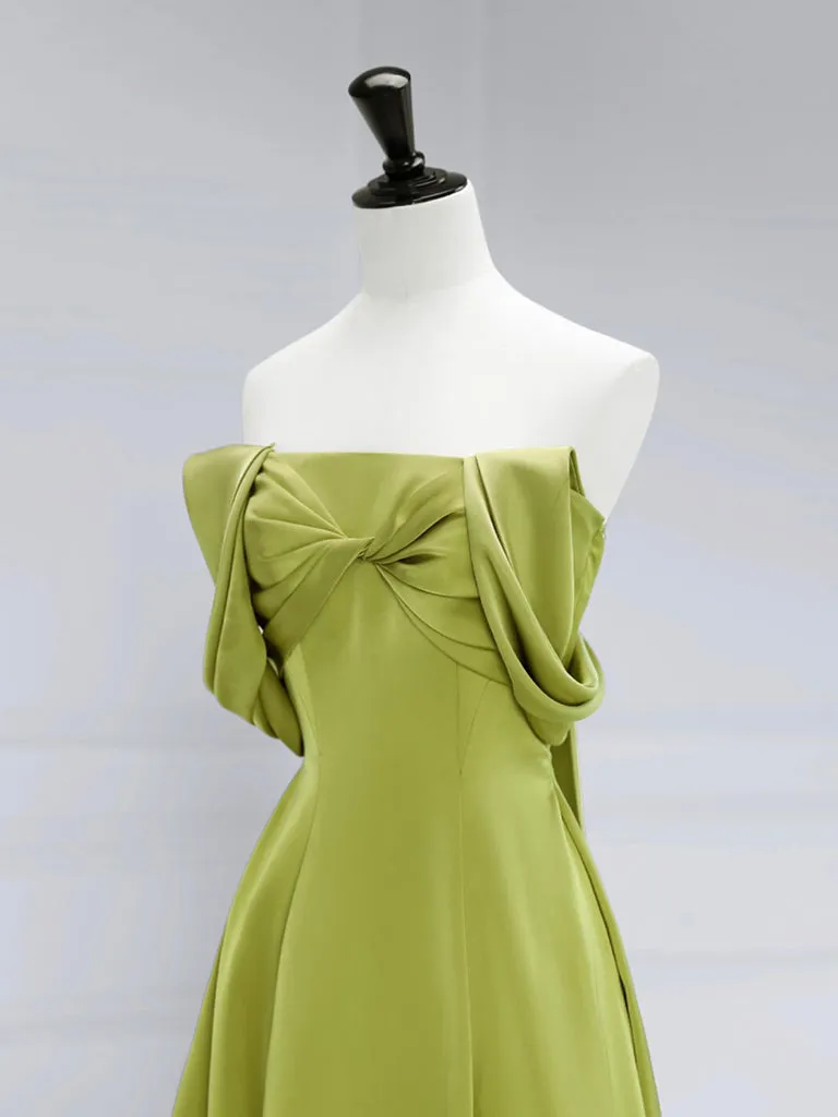 A-Line Off Shoulder Green Satin Long Prom Dress, Green Long Evening Dress