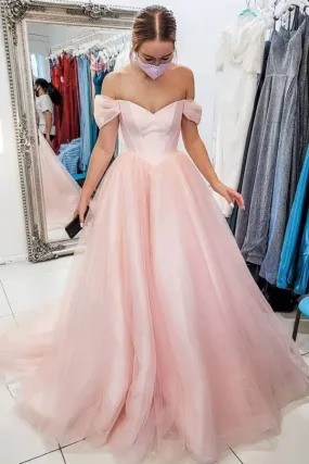 A-line Off Shoulder Pink Tulle Long Prom Dresses, Evening Gown With Train,BD930822