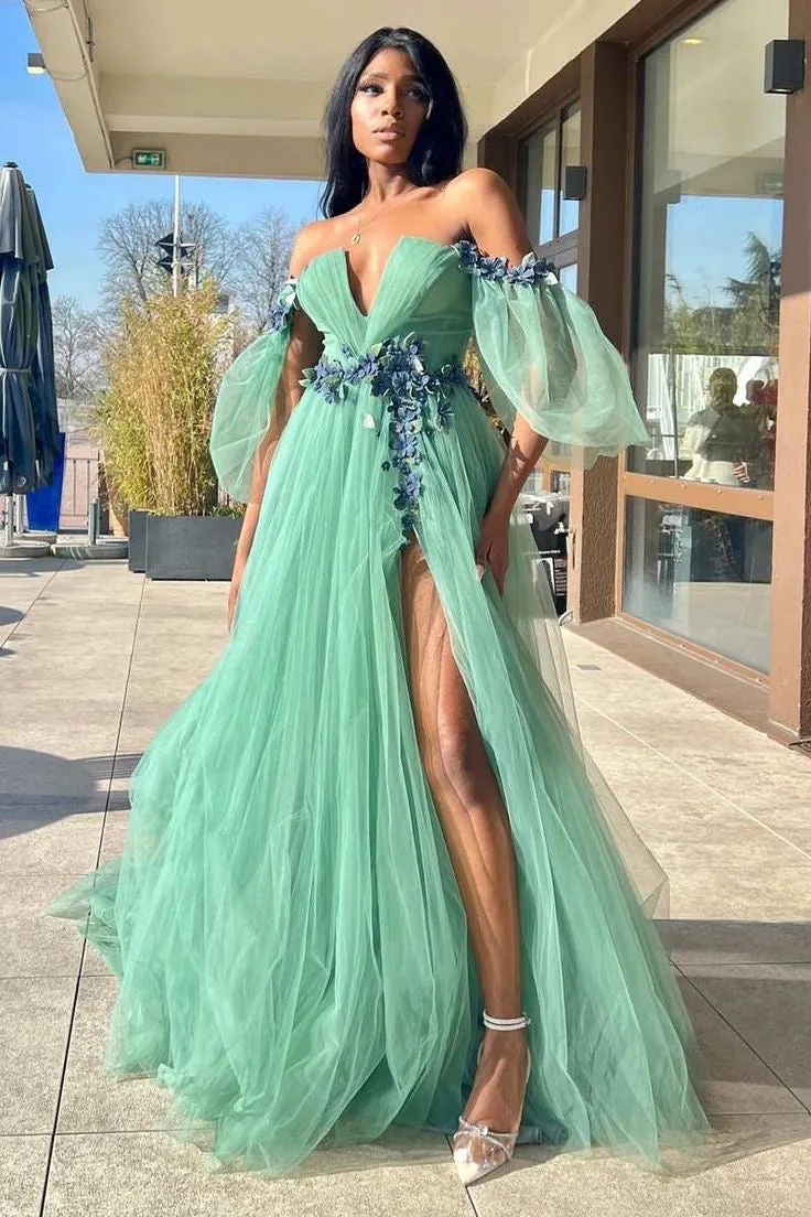 A-line Off Shoulder Prom Dresses, Elegant Newest 2024 Long Prom Dresses, Appliques Tulle Party Dresses