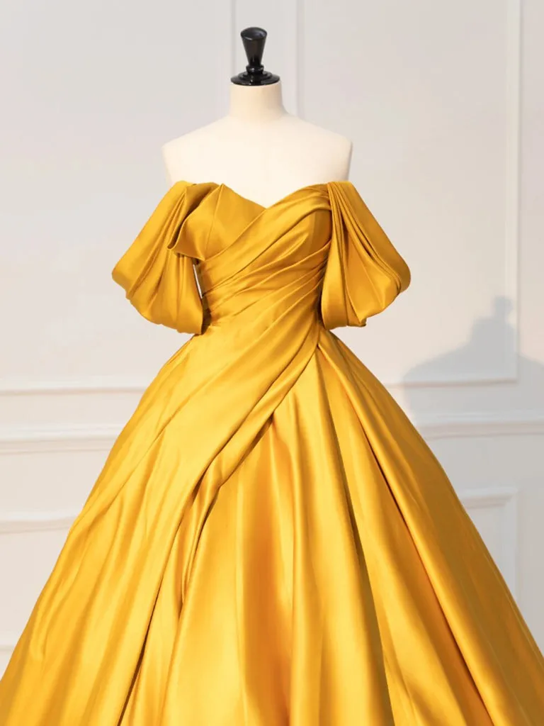 A-Line Off Shoulder Satin Yellow Long Prom Dress, Yellow Long Evening Dress