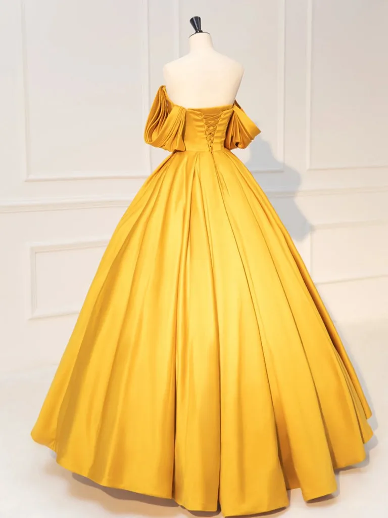 A-Line Off Shoulder Satin Yellow Long Prom Dress, Yellow Long Evening Dress