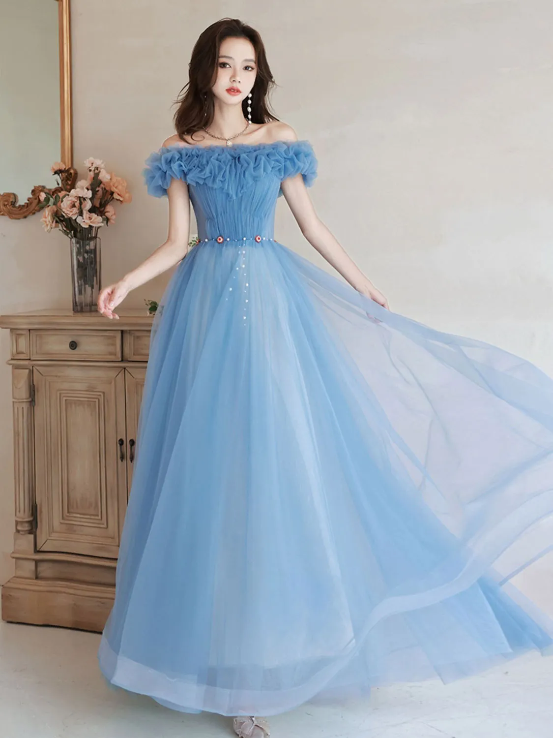 A-Line Off Shoulder Tulle Blue Long Prom Dress, Blue Formal Dresses