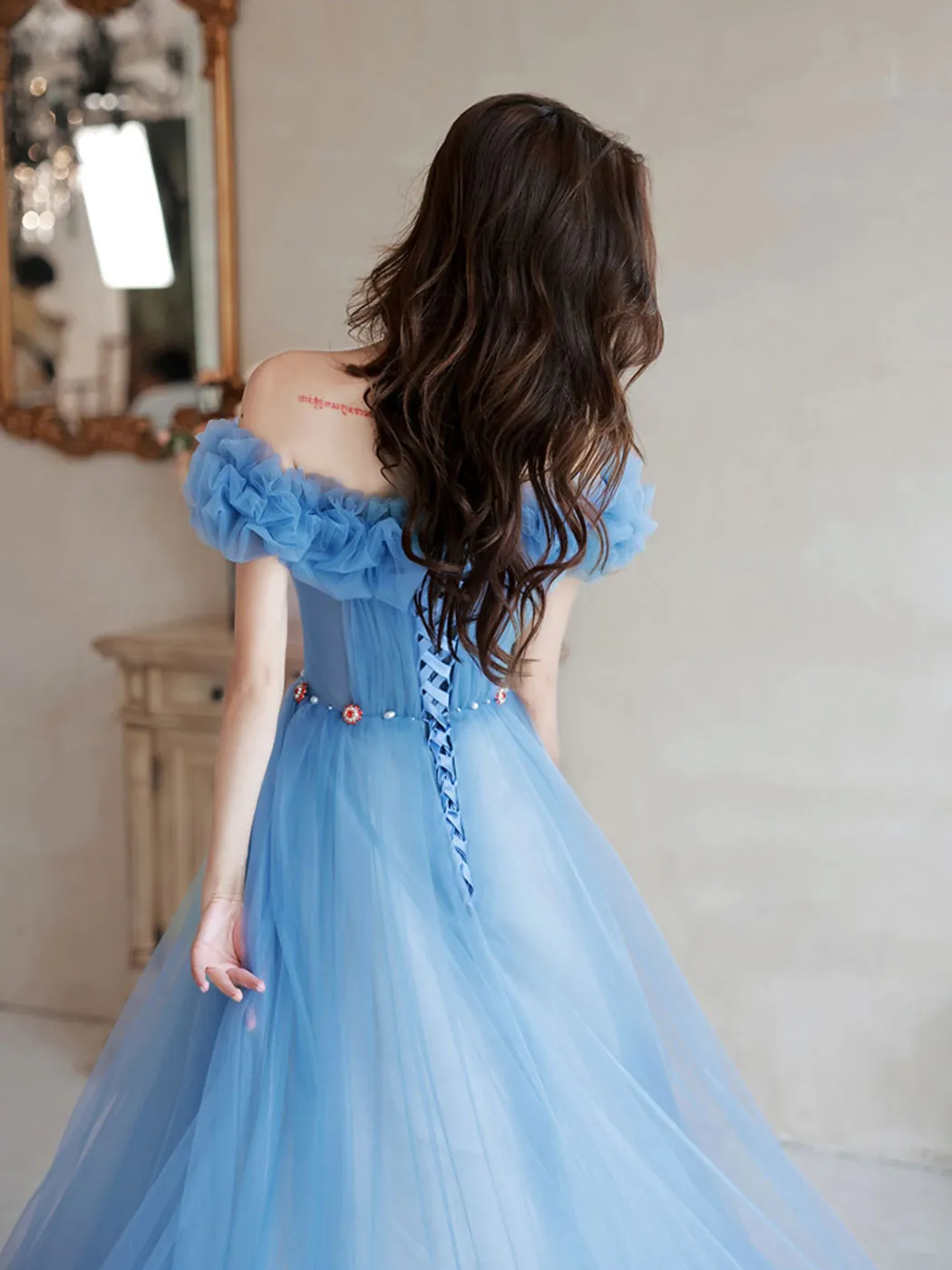 A-Line Off Shoulder Tulle Blue Long Prom Dress, Blue Formal Dresses