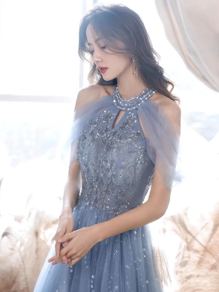 A-Line Off Shoulder Tulle Blue Long Prom Dress, Blue Lace Long Formal Dress