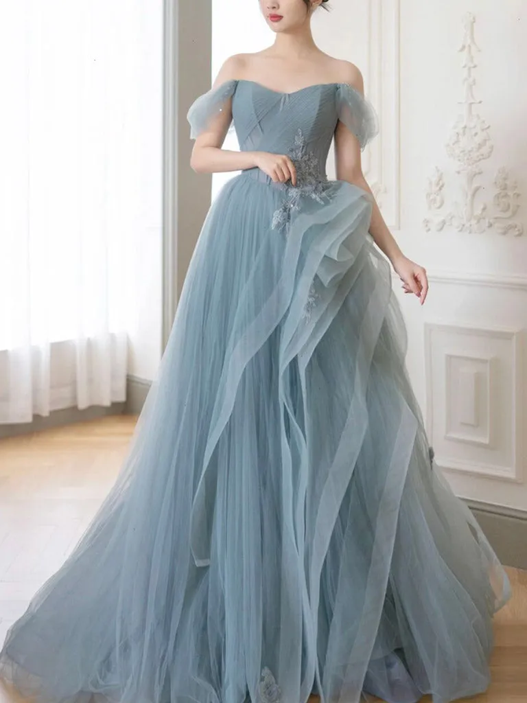 A-Line off Shoulder Tulle Lace Gray Blue Long Prom Dress, Blue Long Formal Dress