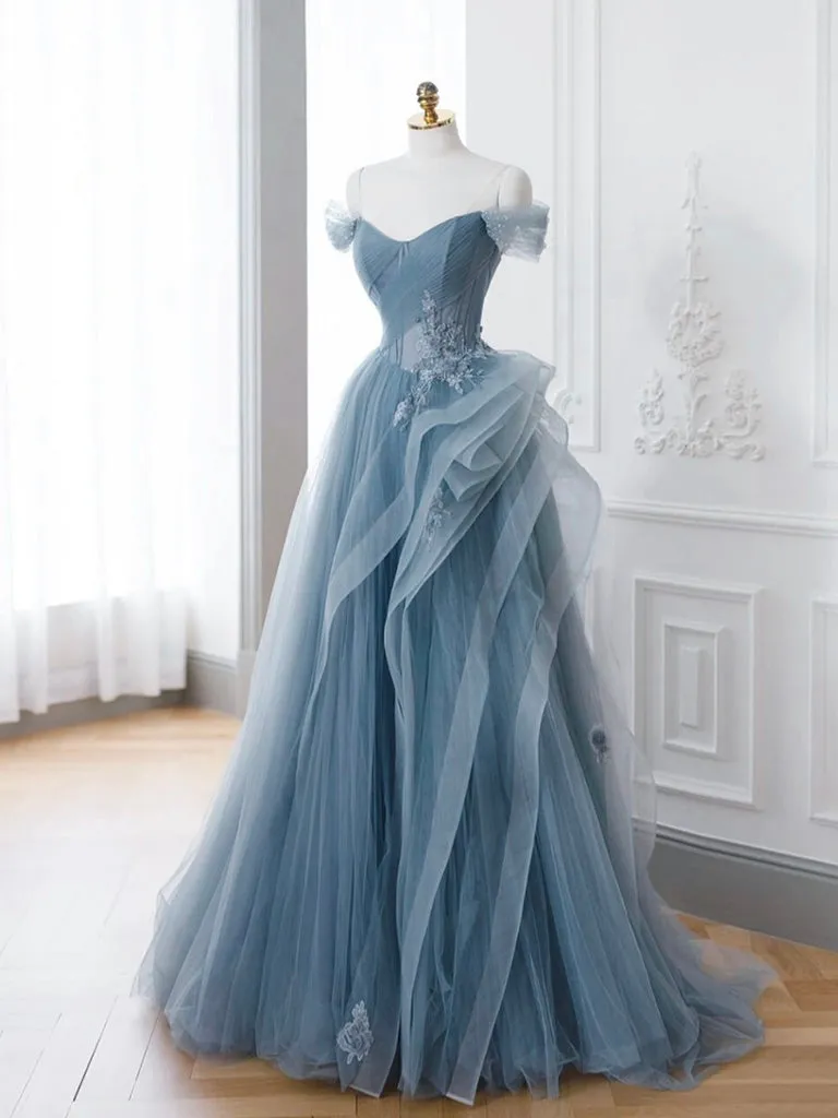 A-Line off Shoulder Tulle Lace Gray Blue Long Prom Dress, Blue Long Formal Dress