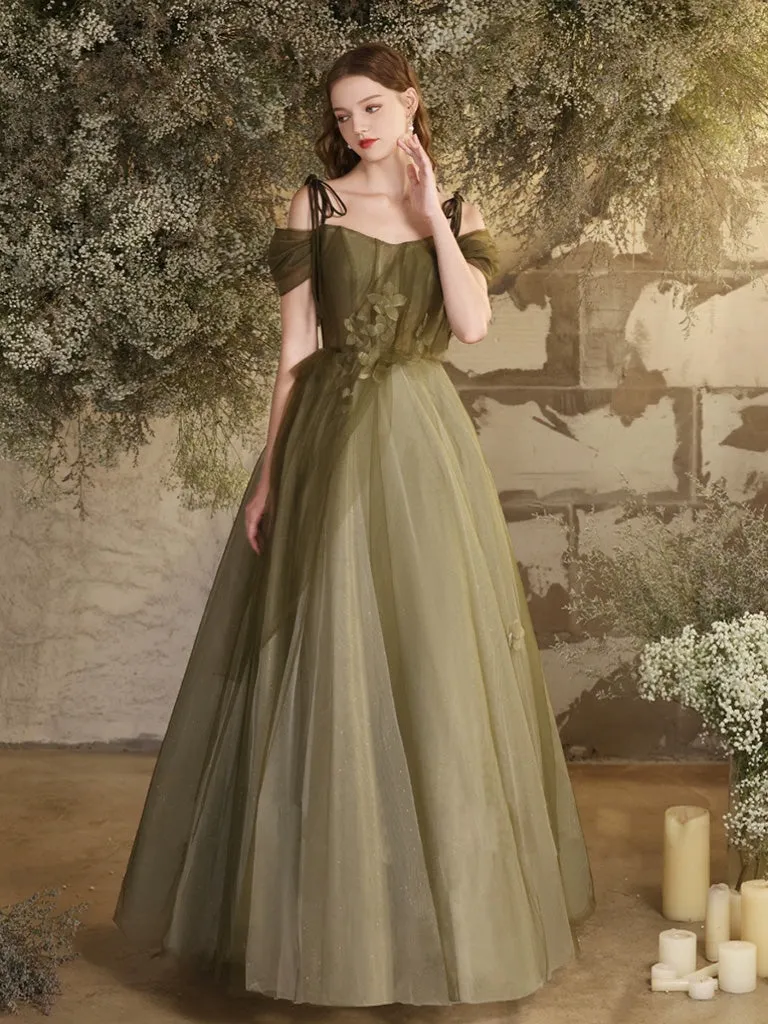 A-Line Off Shoulder Tulle Lace Green Long Prom Dress, Green Lace Long Formal Dress