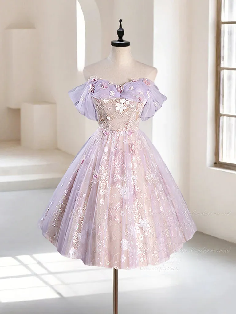 A-Line Off Shoulder Tulle Lace Purple Short Prom Dress, Cute Purple Homecoming Dress