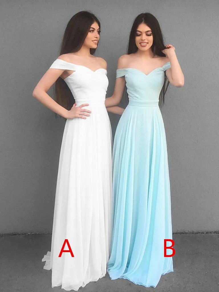 A Line Off Shoulder White/Blue Long Bridesmaid Dresses, Off Shoulder Long Prom Dresses, Graduation/Homecoming Dresses