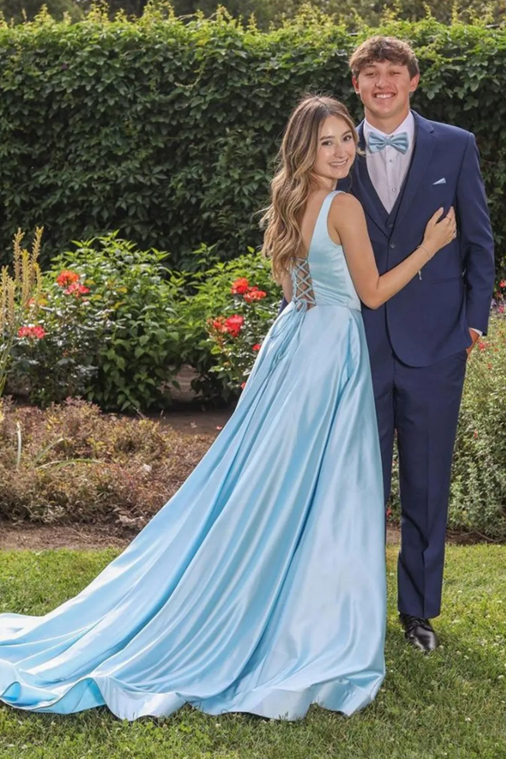 A Line Open Back Blue Satin Long Prom Dresses, Long Blue Formal Evening Dresses