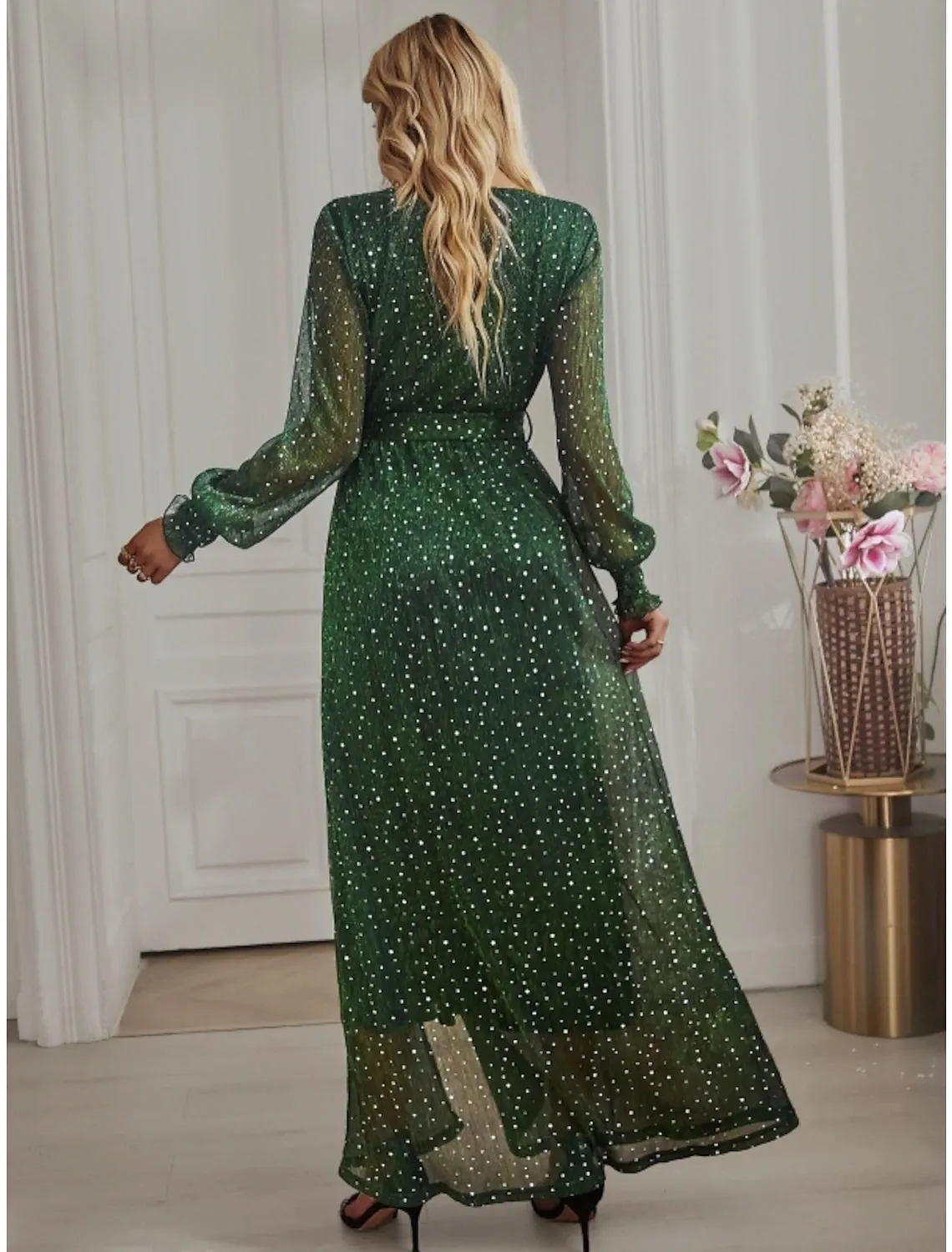 A-Line Party Dresses Sparkle & Shine Dress Birthday Fall Ankle Length Long Sleeve V Neck Chiffon with Glitter Sequin Slit