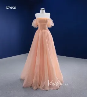 A-line Peach Tulle Prom Dresses Off the Shoulder Long Formal Dress 67450