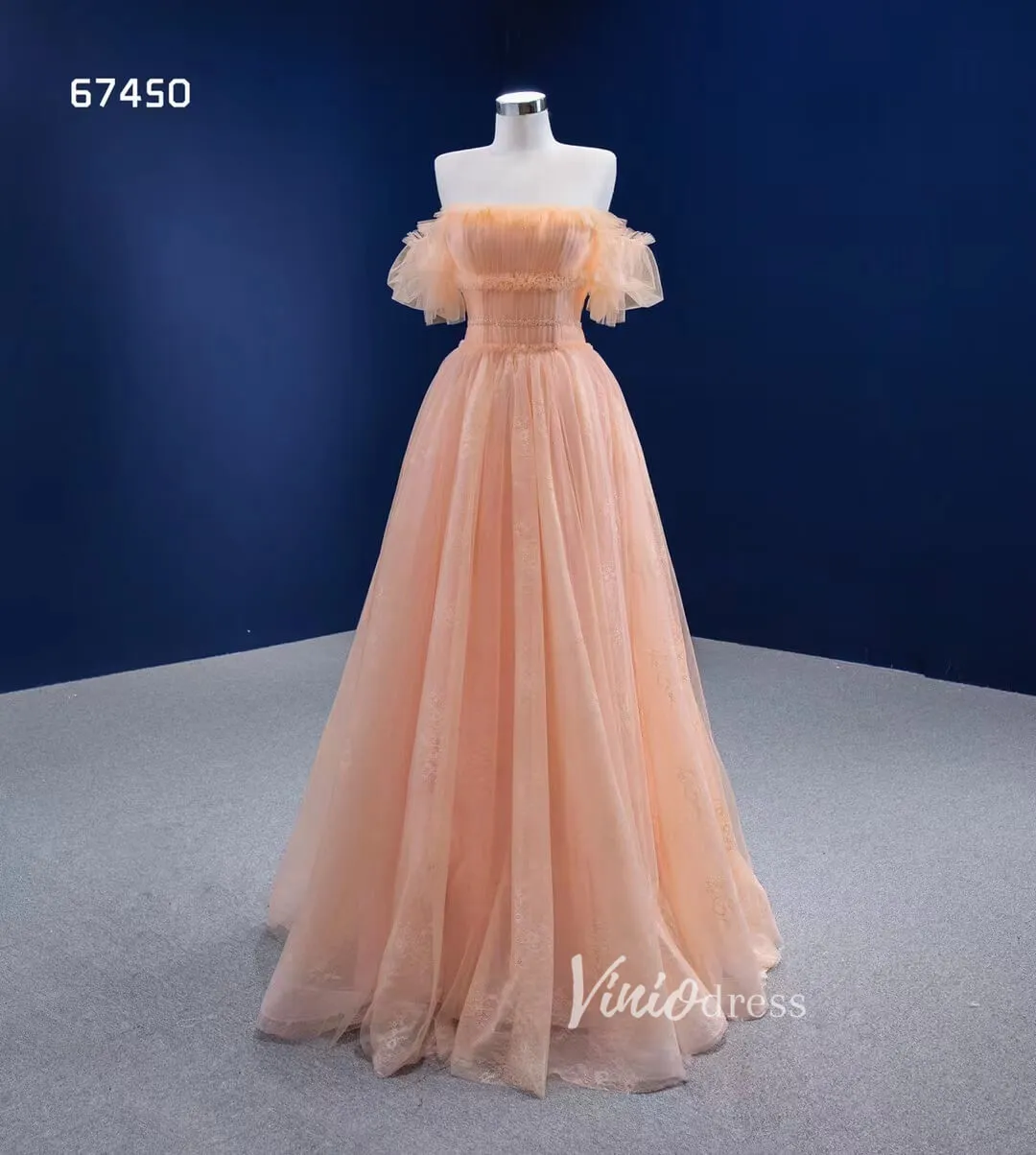 A-line Peach Tulle Prom Dresses Off the Shoulder Long Formal Dress 67450